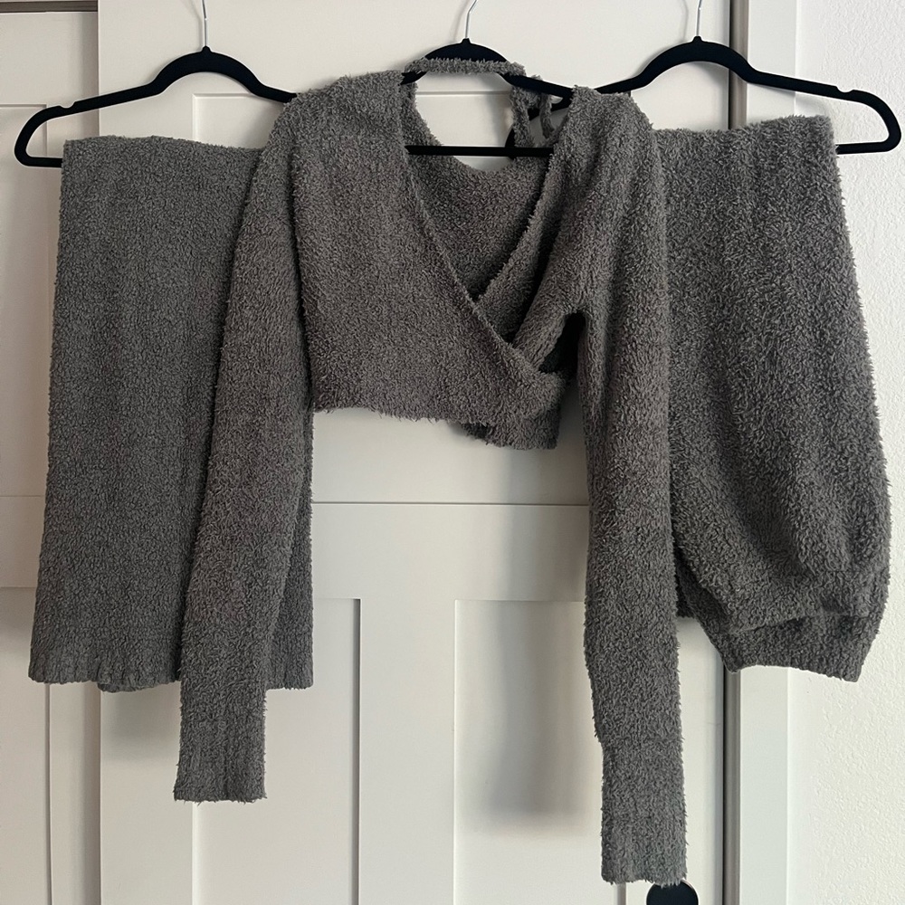 SKIMS Cozy Collection Full set Wrap Top, Wide Leg Pant, Jogger in color Smoke